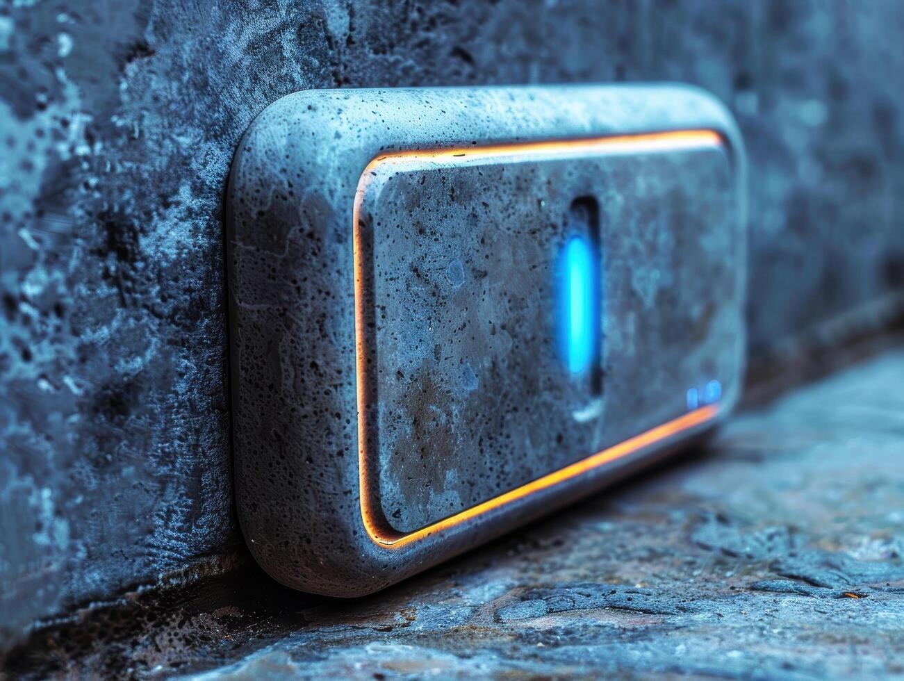 Rugged portable speaker with glowing blue light photo