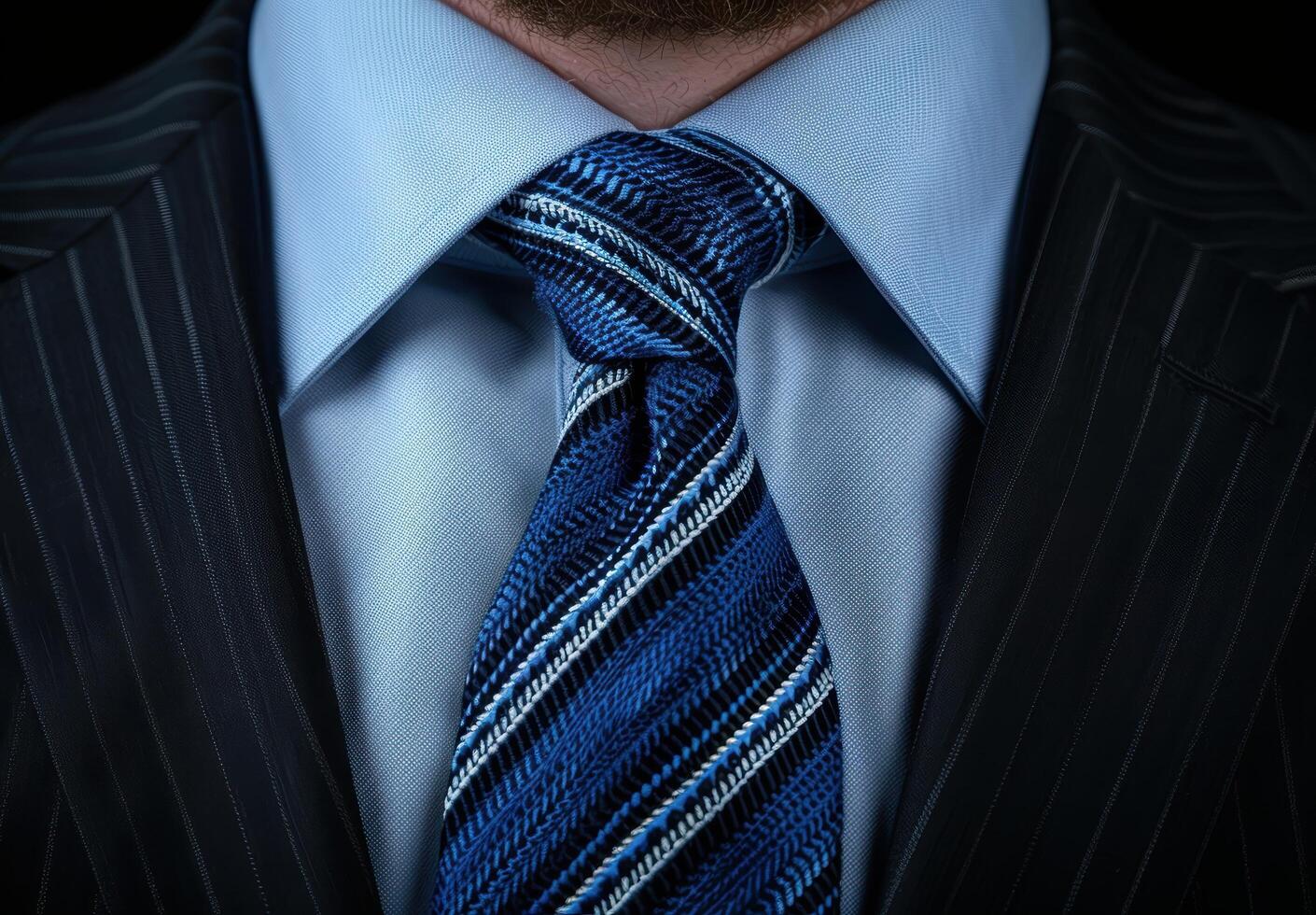 close up of a mans tie in a blue and black striped pattern photo