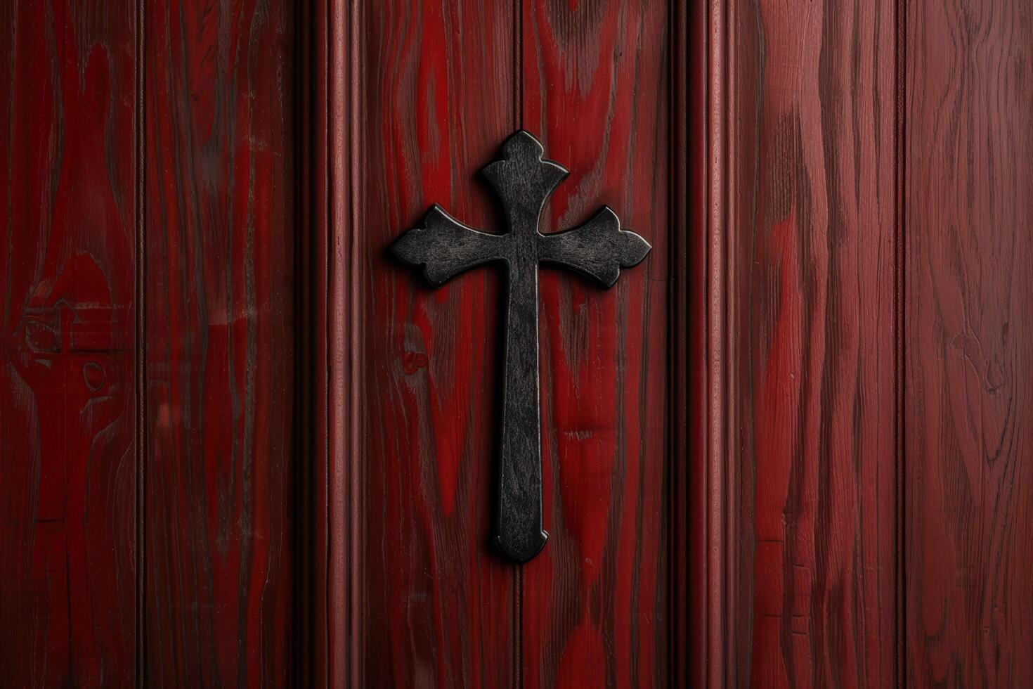 dark cross on red wooden background photo