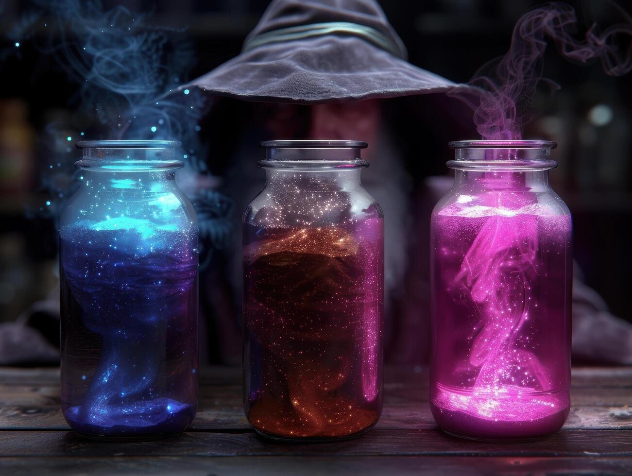 Magical potions in jars with glowing lights and smoke photo