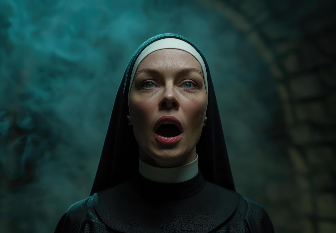 Shocked nun with open mouth in dark atmosphere photo