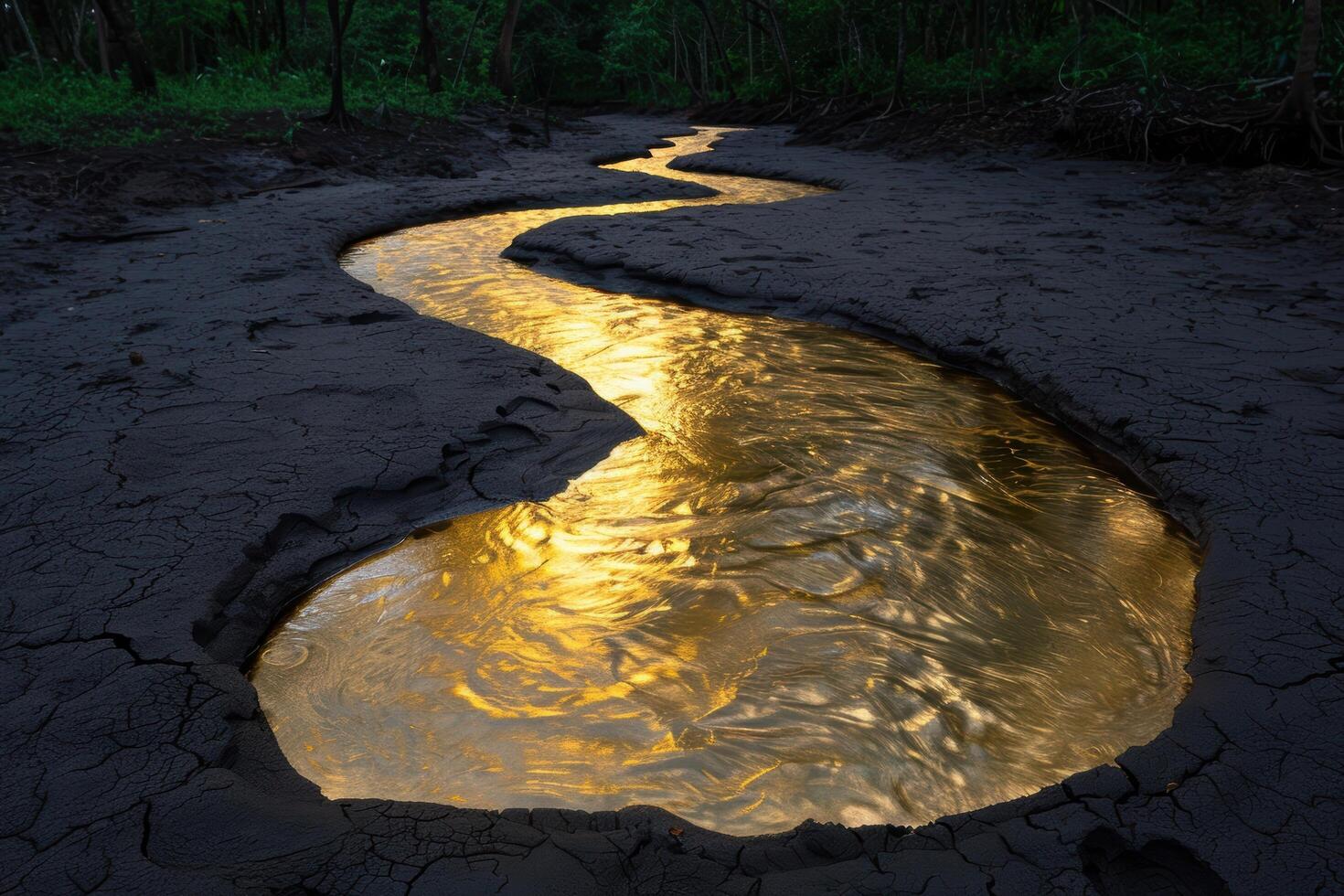 Winding golden stream in dark forest photo