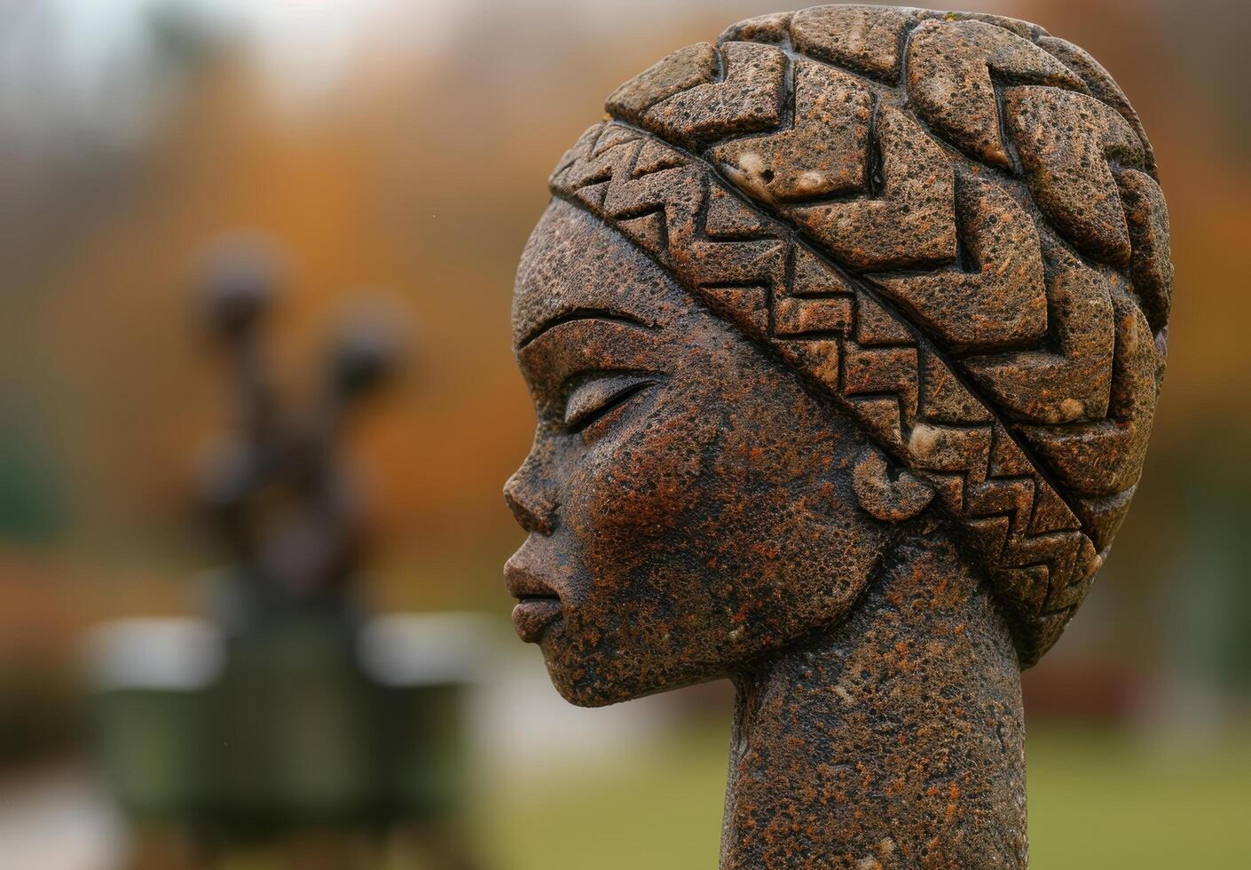 Carved stone head with intricate patterns photo