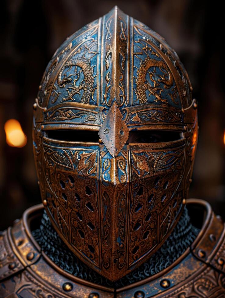 Ornate medieval helmet with intricate dragon designs photo