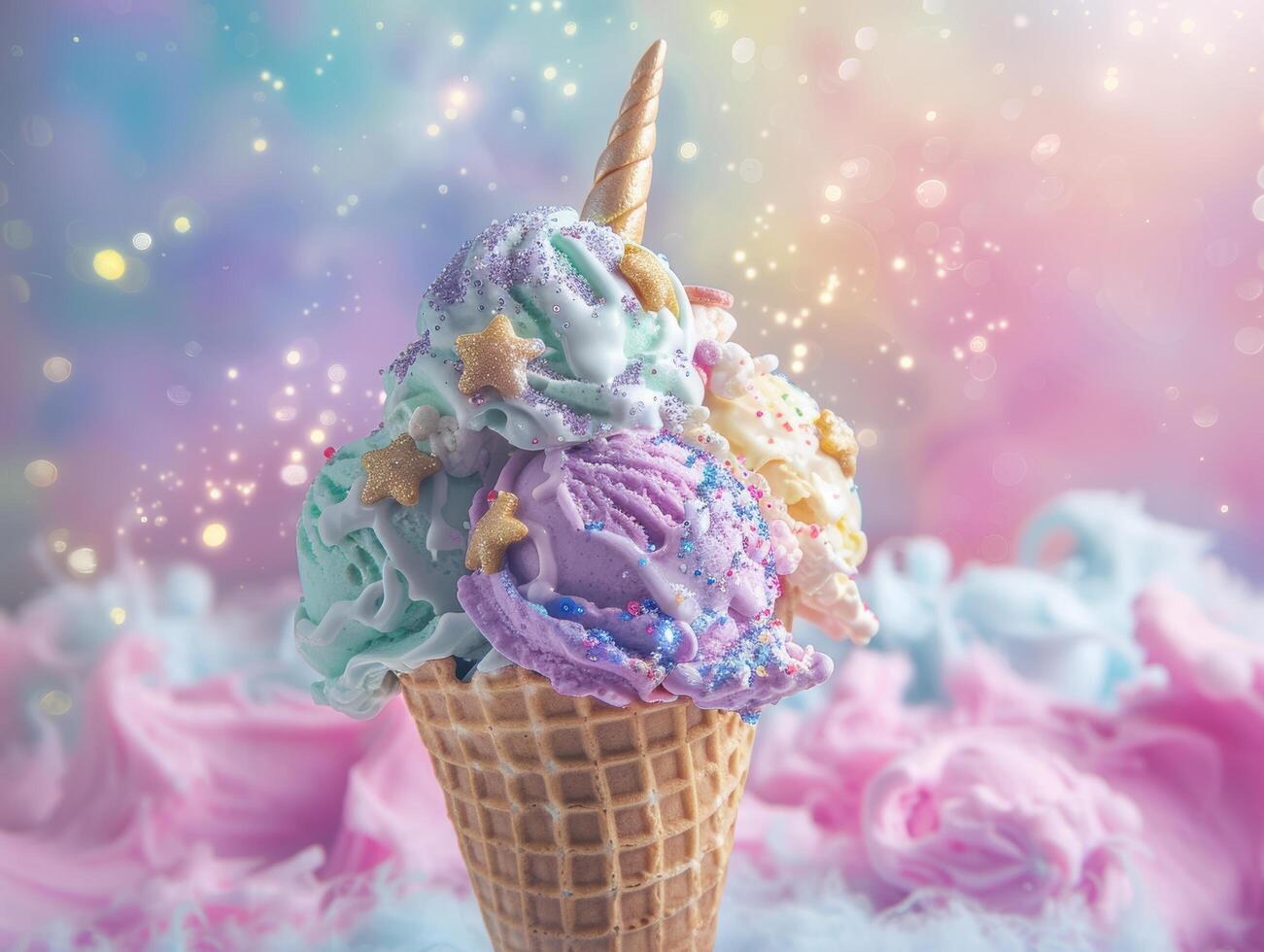 magical unicorn ice cream cone with sparkles photo