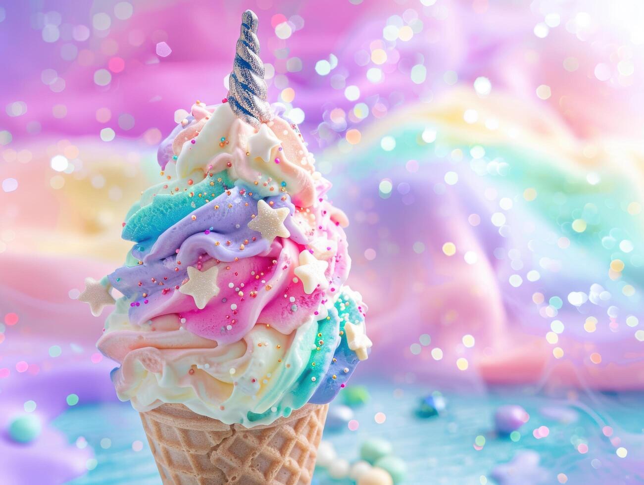 Colorful unicorn ice cream cone with sprinkles and stars photo