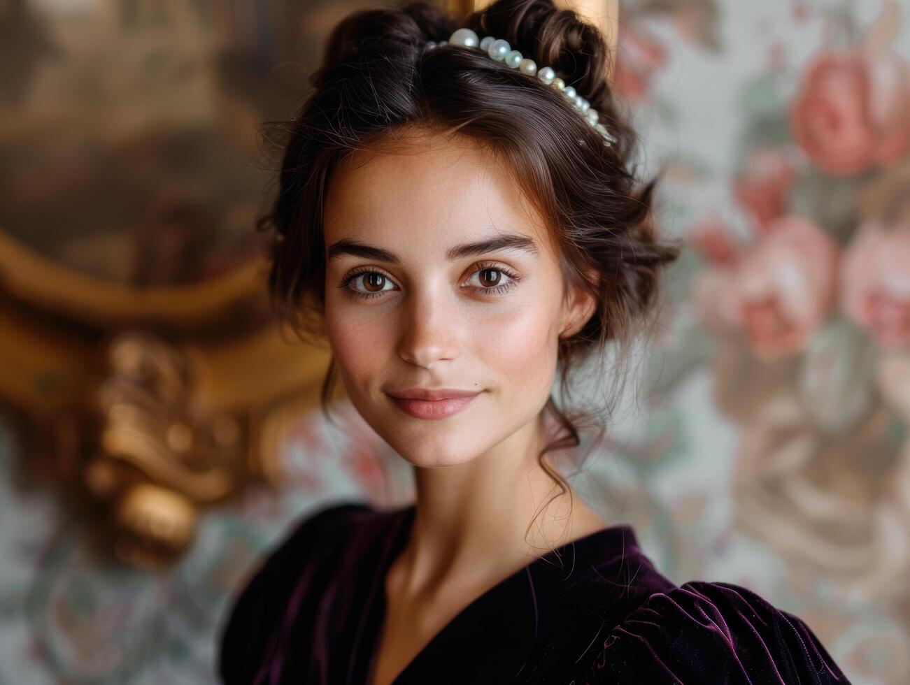Elegant woman in purple dress with pearl headpiece photo