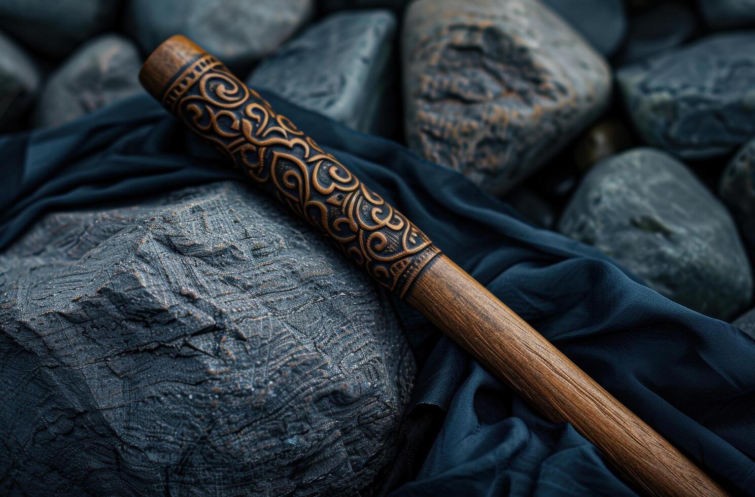 Carved wooden staff with intricate patterns on a dark background photo