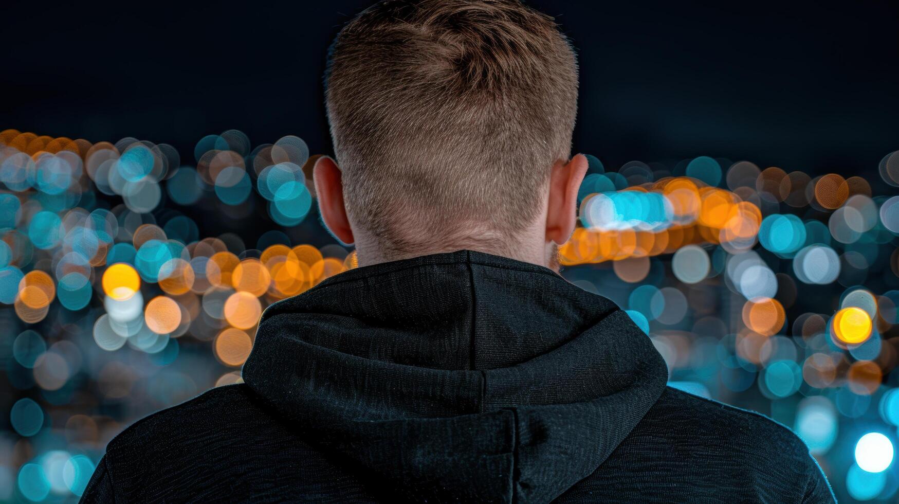 person wearing black hoodie at night with colorful lights in background photo