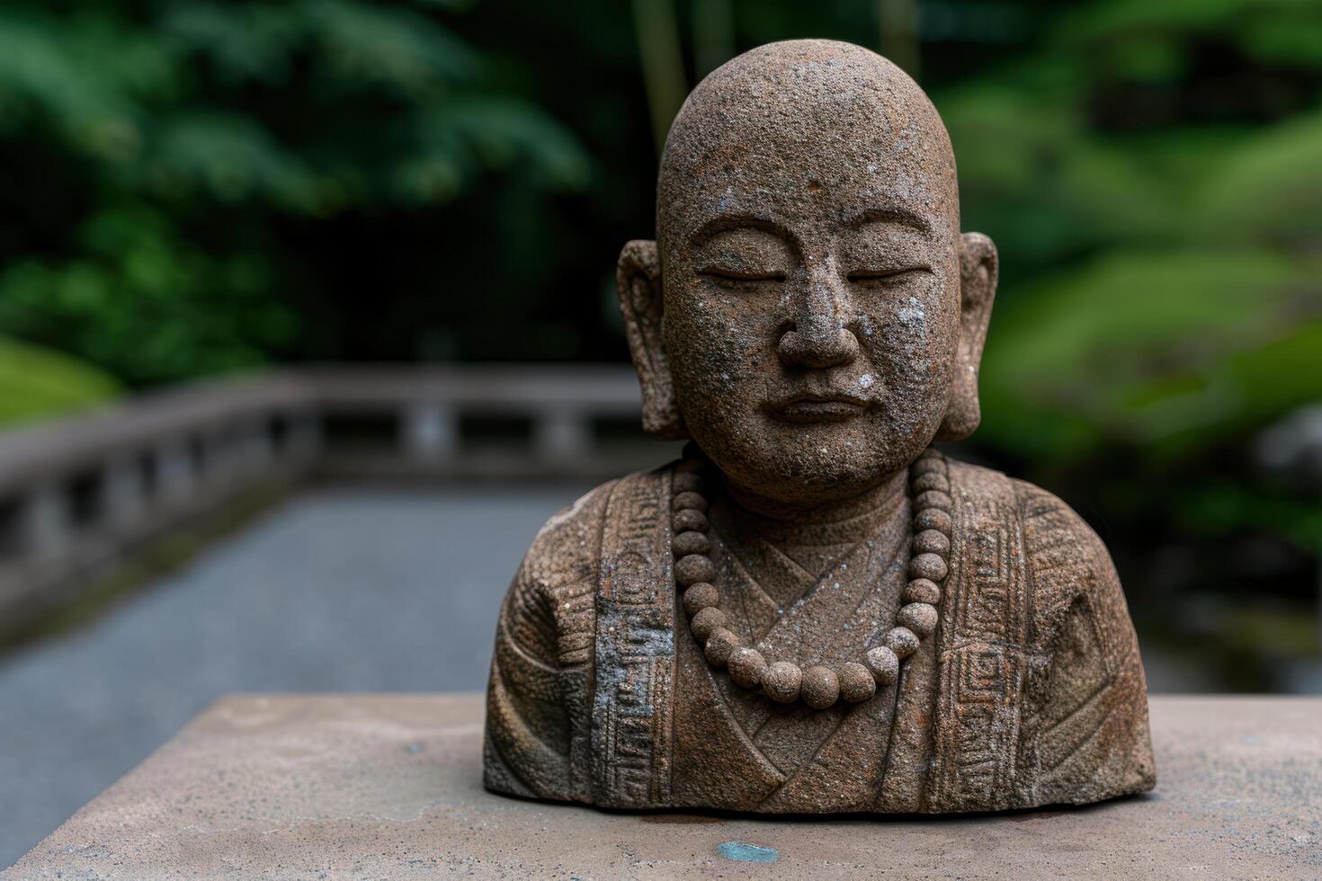 Serene stone buddha statue in lush garden photo
