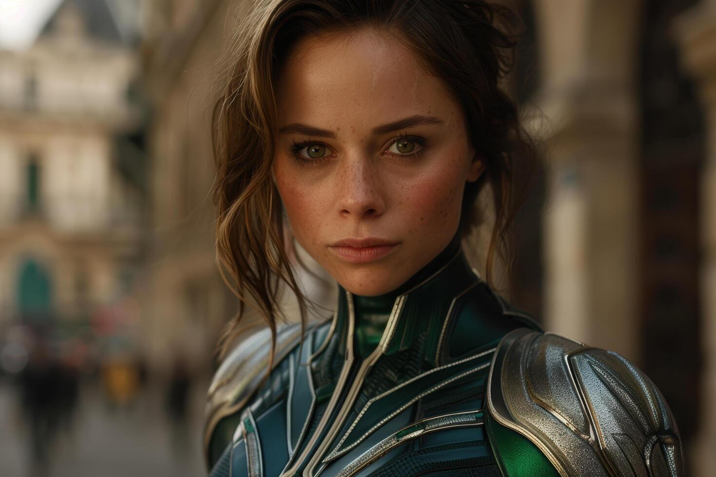 Serious woman in futuristic armor photo
