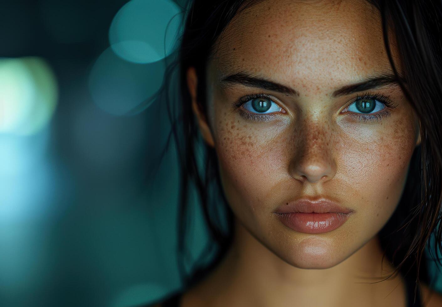Captivating portrait of a young woman with striking blue eyes and freckles photo