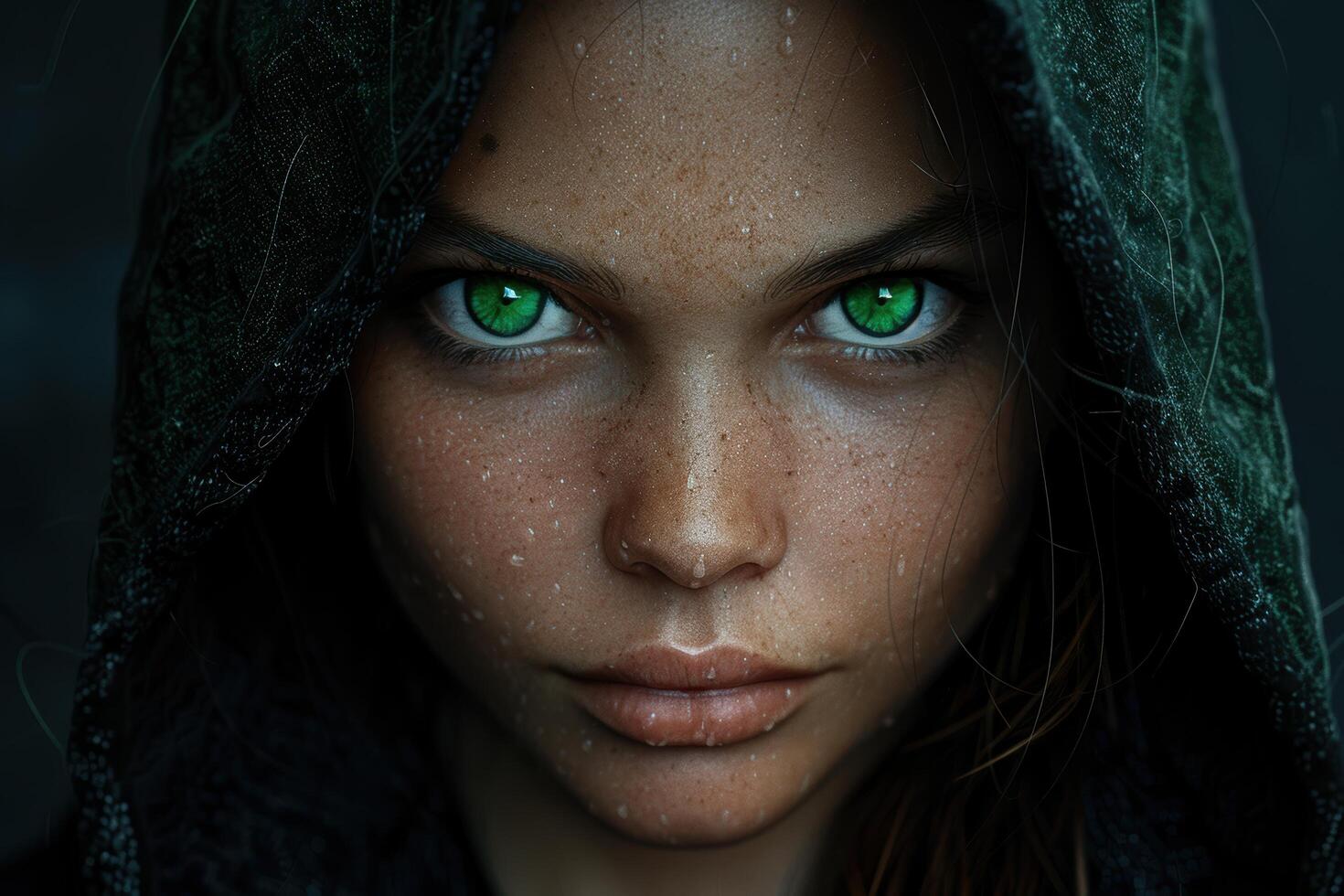 Mysterious person with piercing green eyes photo