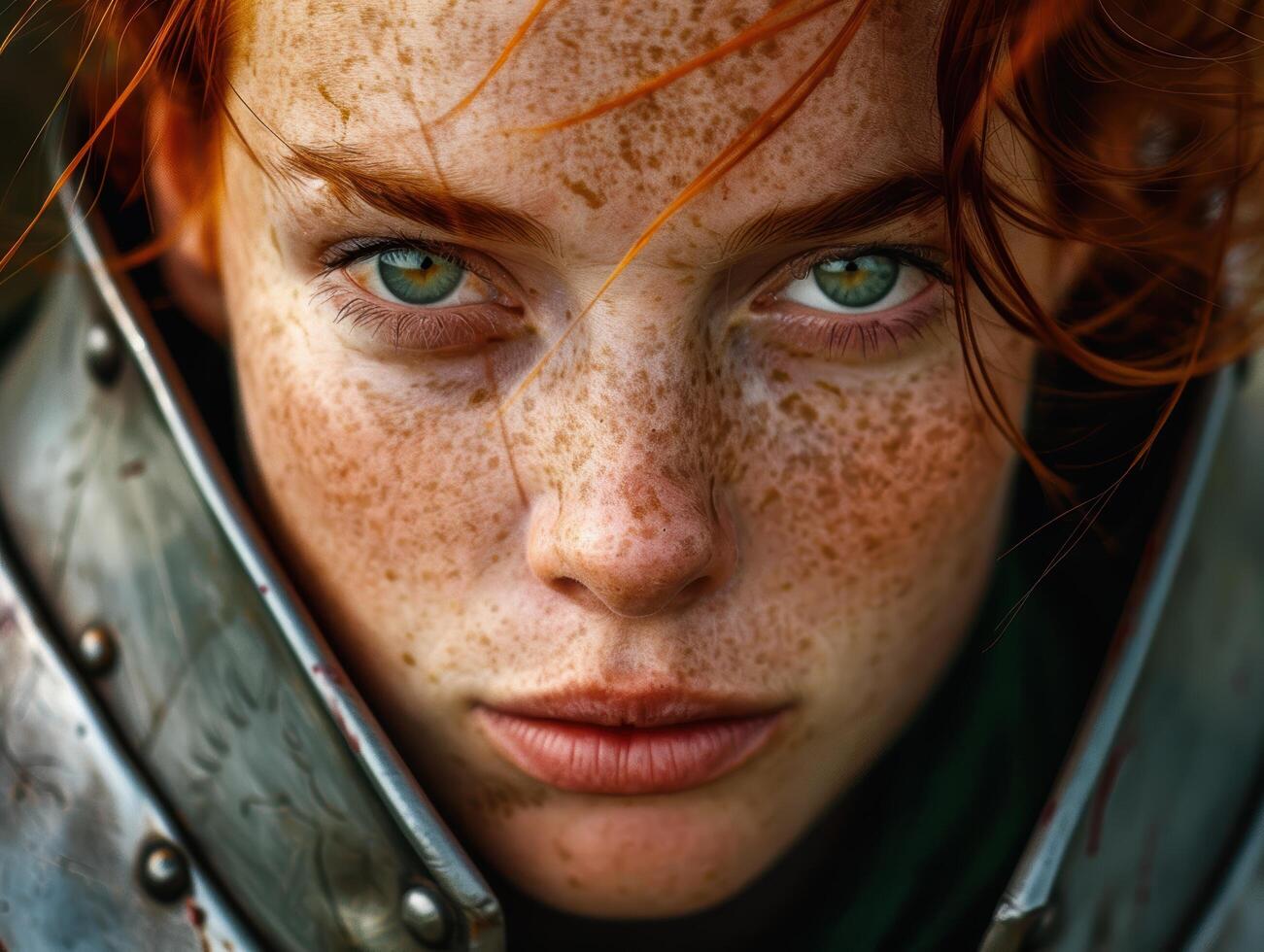 close up portrait of a young woman with freckles and green eyes photo
