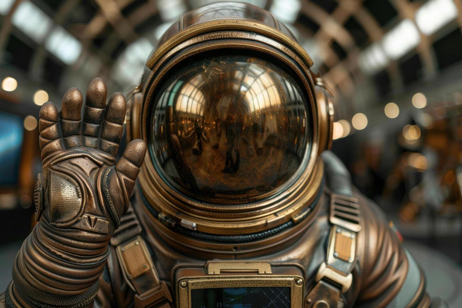 Astronaut in spacesuit with reflection in helmet photo