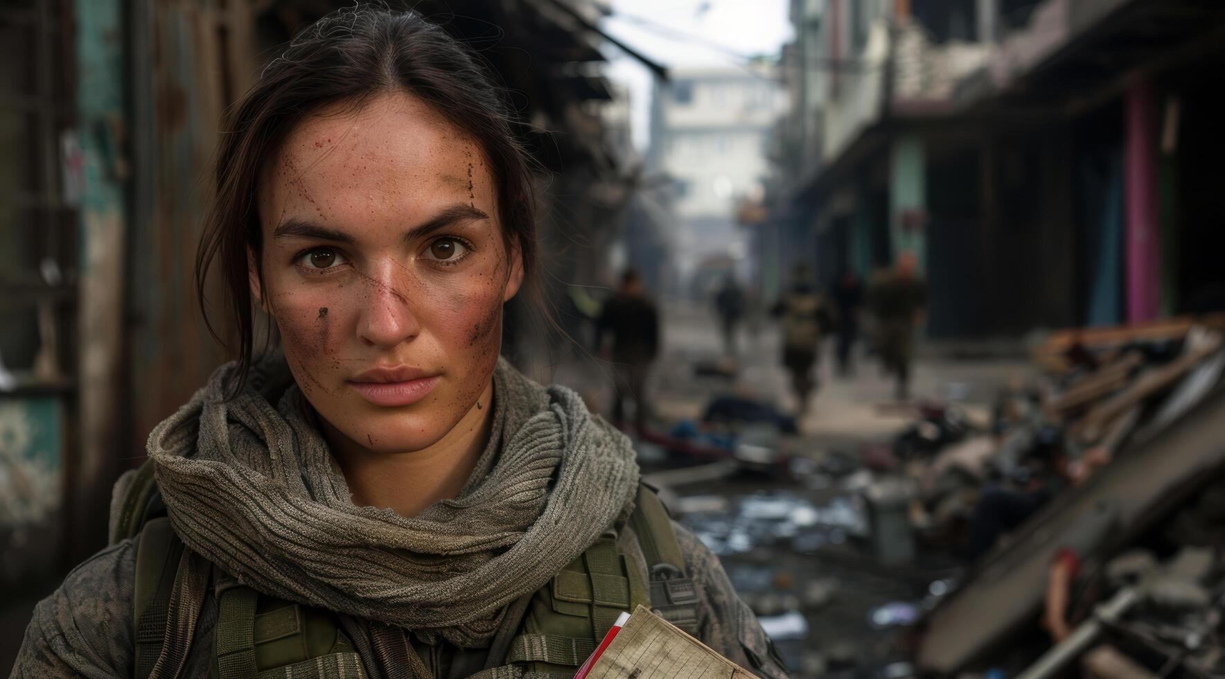 Determined female soldier in urban environment photo