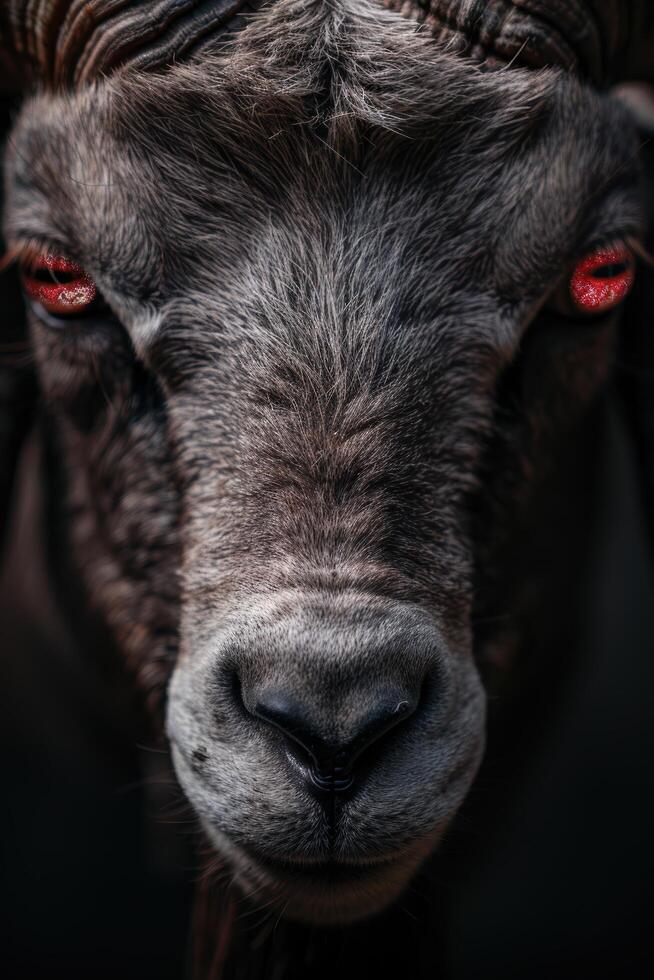 close up portrait of a dark colored dog with intense red eyes photo