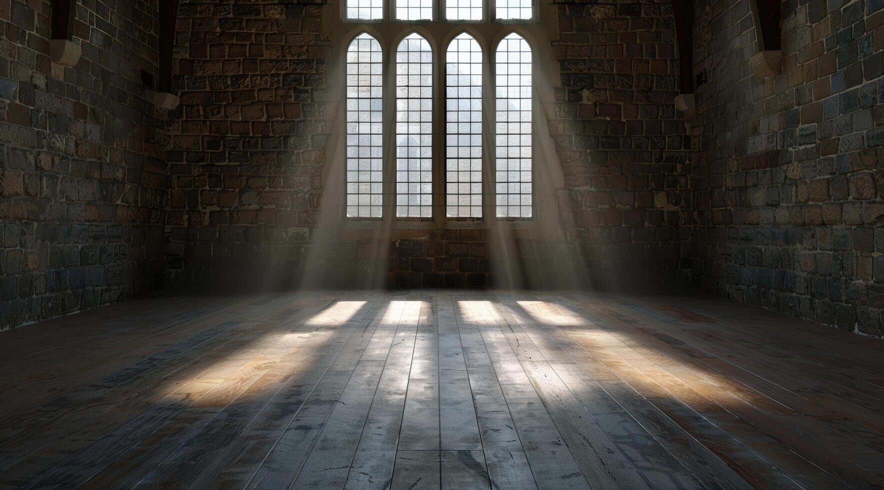 Sunlight streaming through gothic windows in an old stone building photo