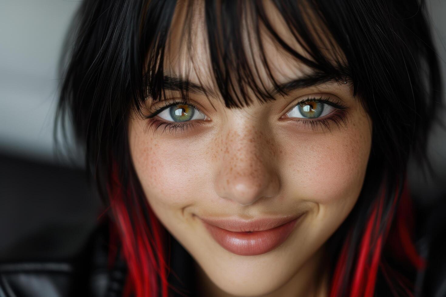 Smiling woman with dark hair and freckles photo