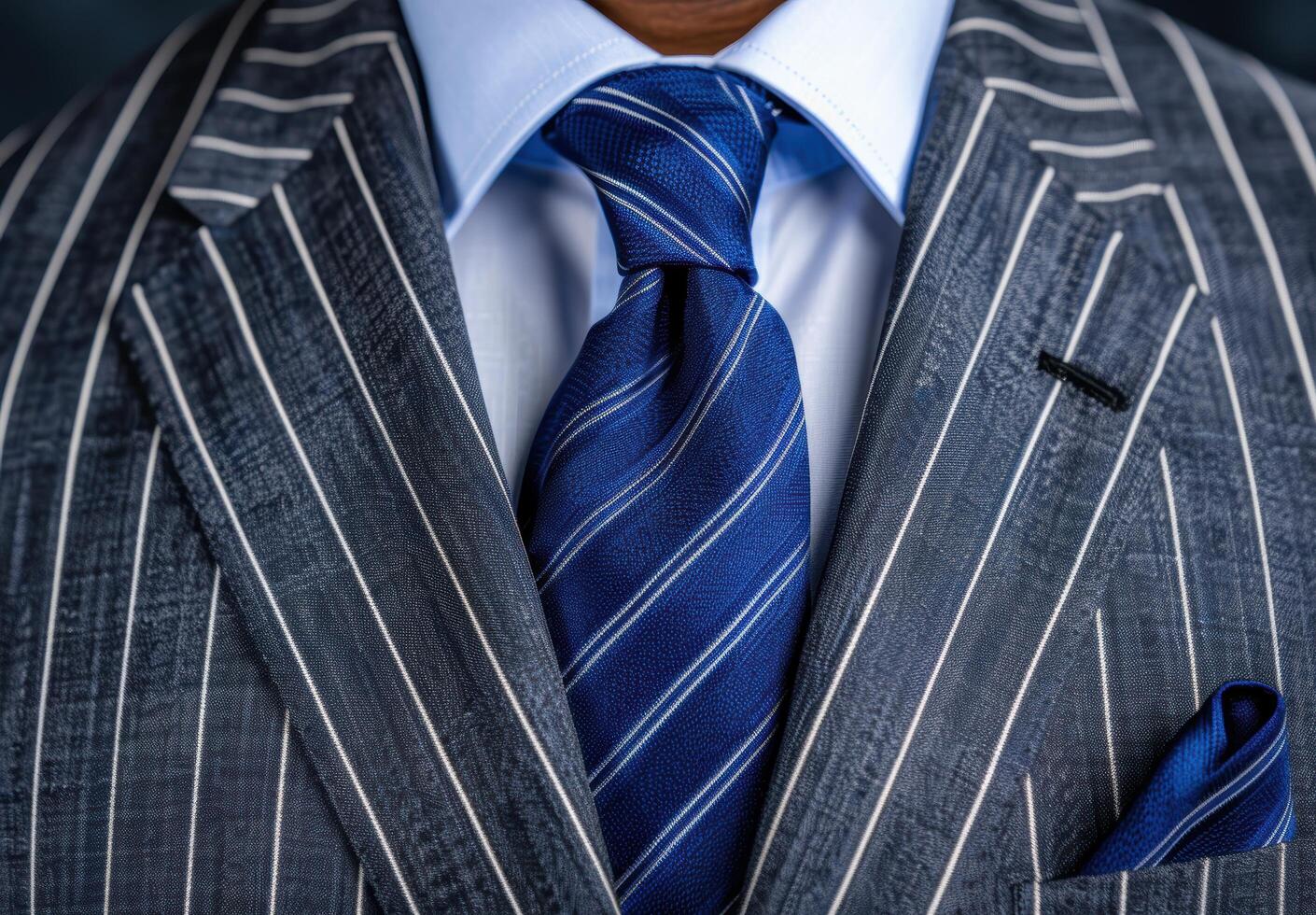 Elegant business attire with striped suit and blue tie photo