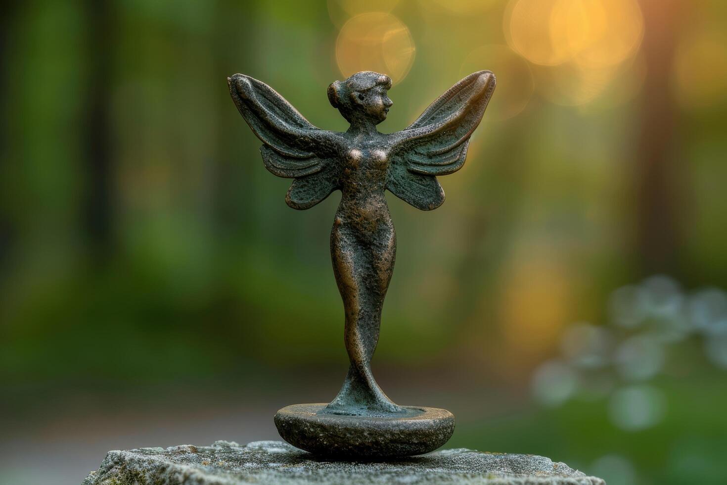 Mystical bronze angel statue in nature photo