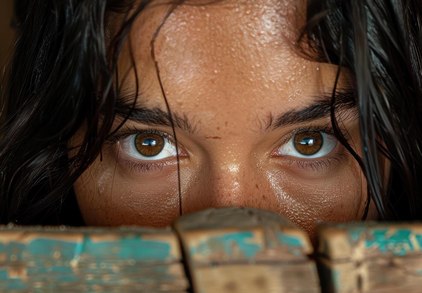 Intense eyes of a person with dark hair photo