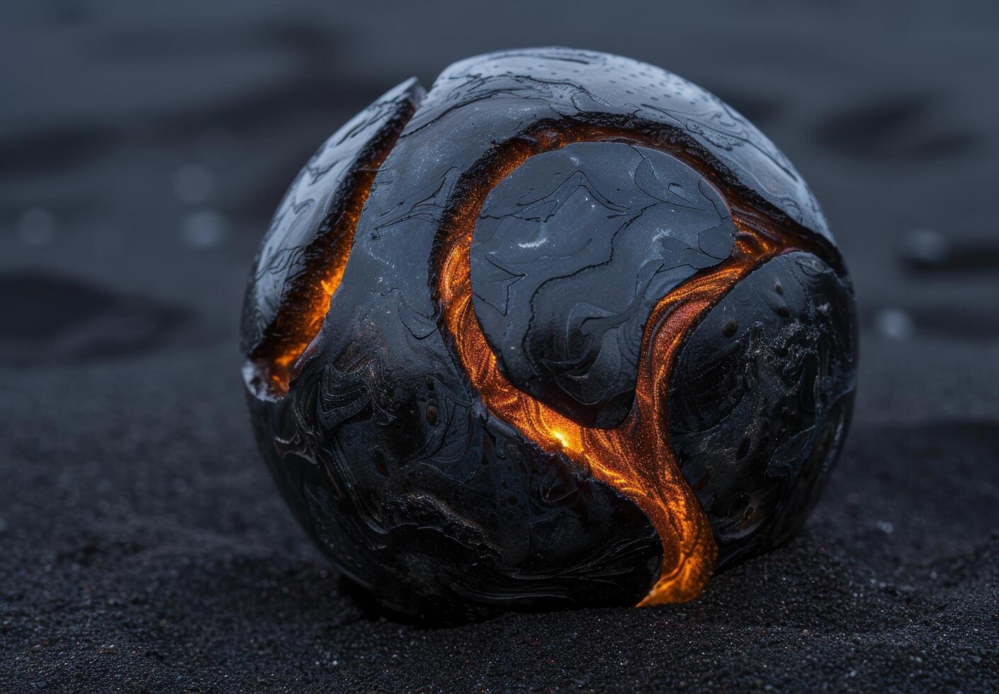Glowing molten rock inside a dark geode photo