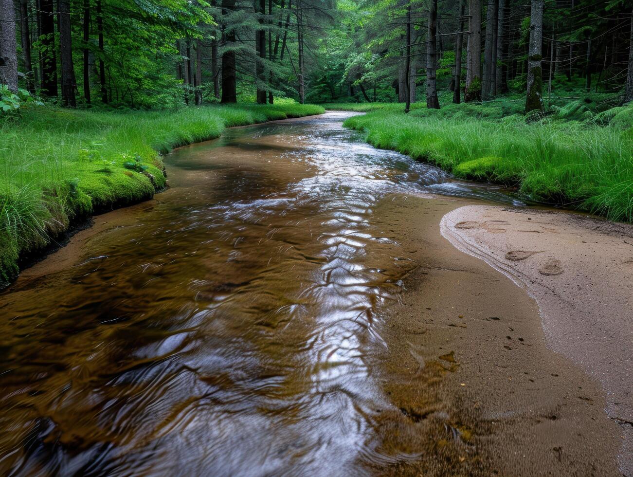 serene forest stream flowing through lush green landscape photo