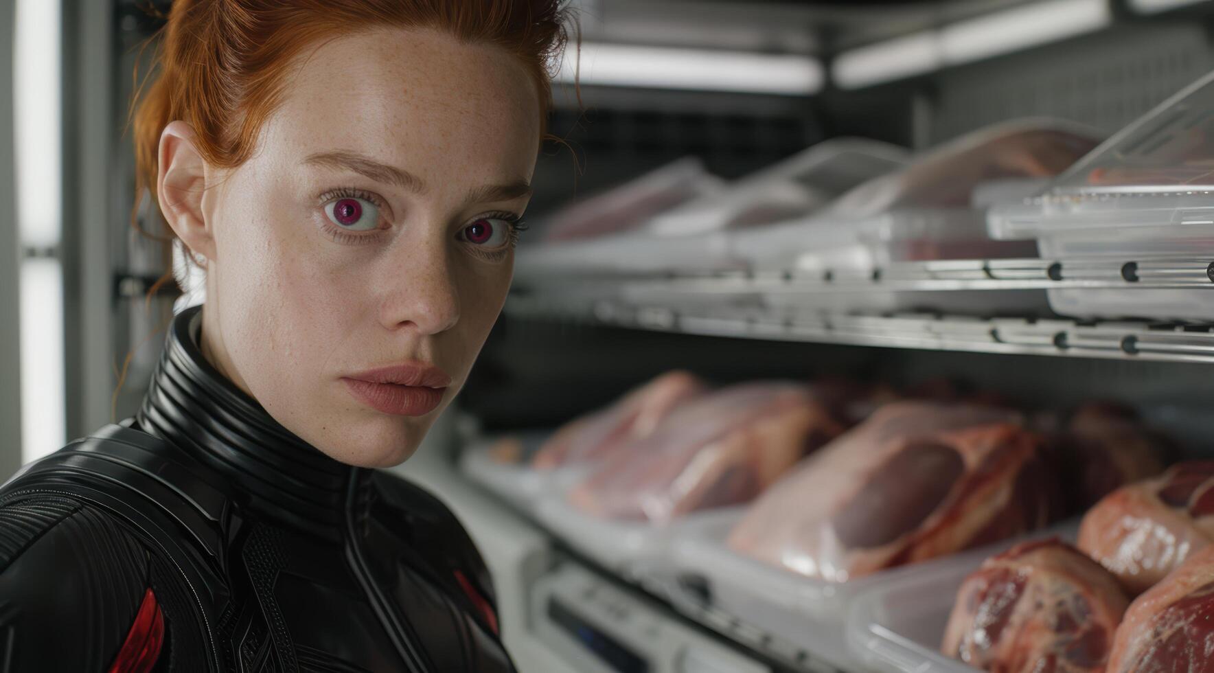Serious woman examining frozen food in refrigerator photo