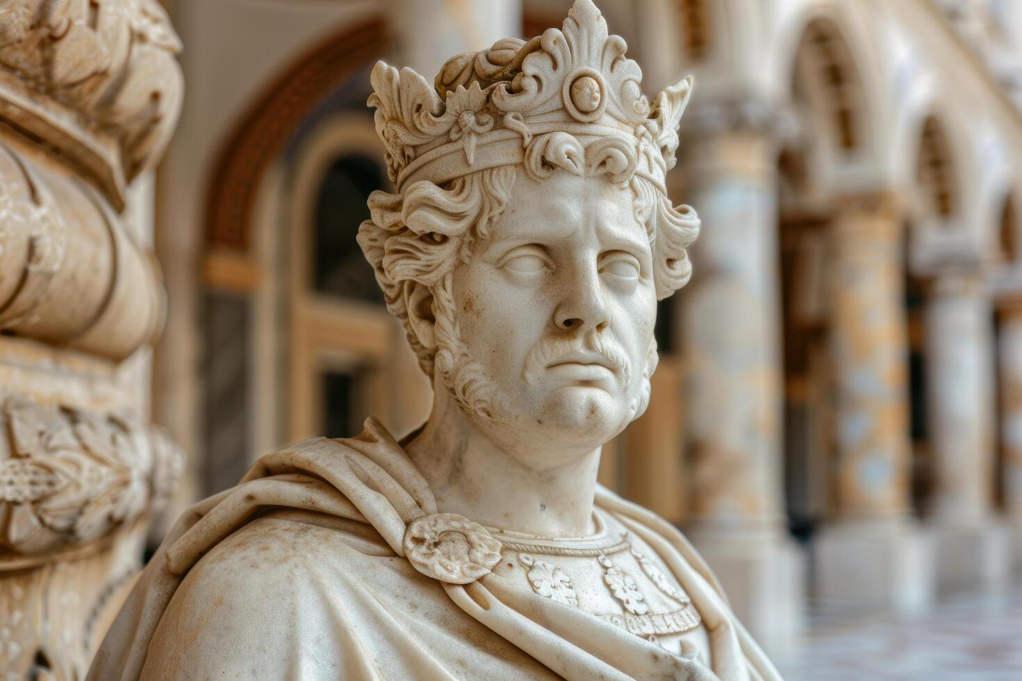 Ornate stone statue of a regal figure in a crown and robes photo