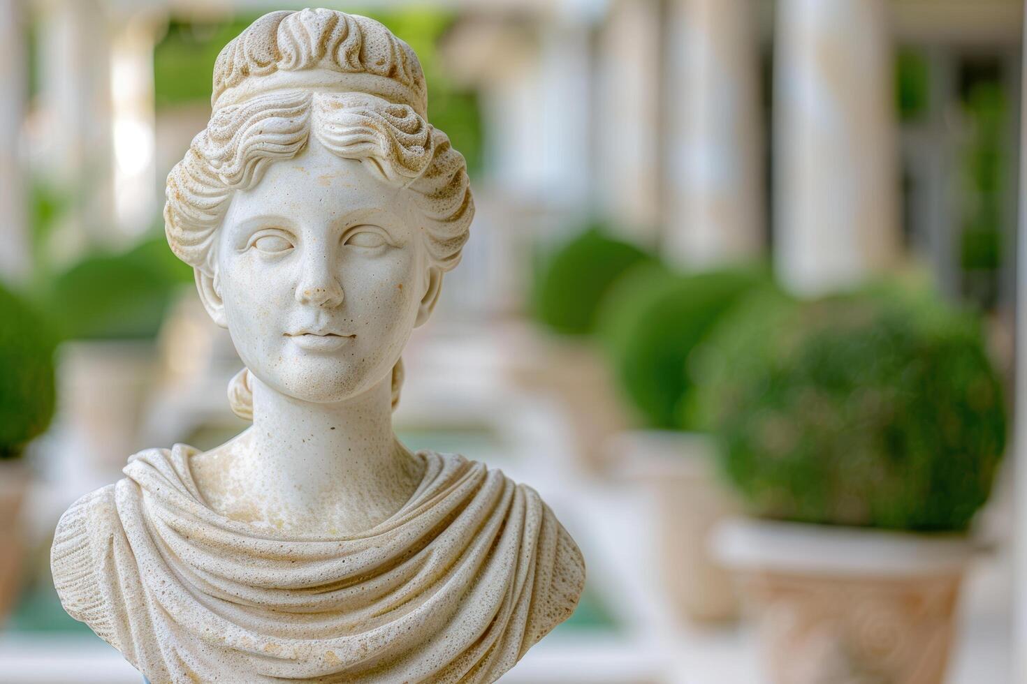 Ornate stone bust with serene expression photo