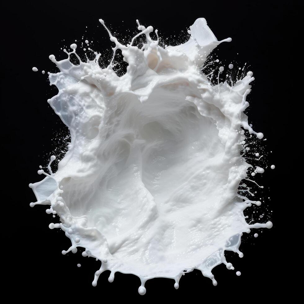 Splashing white milk or cream on black background photo