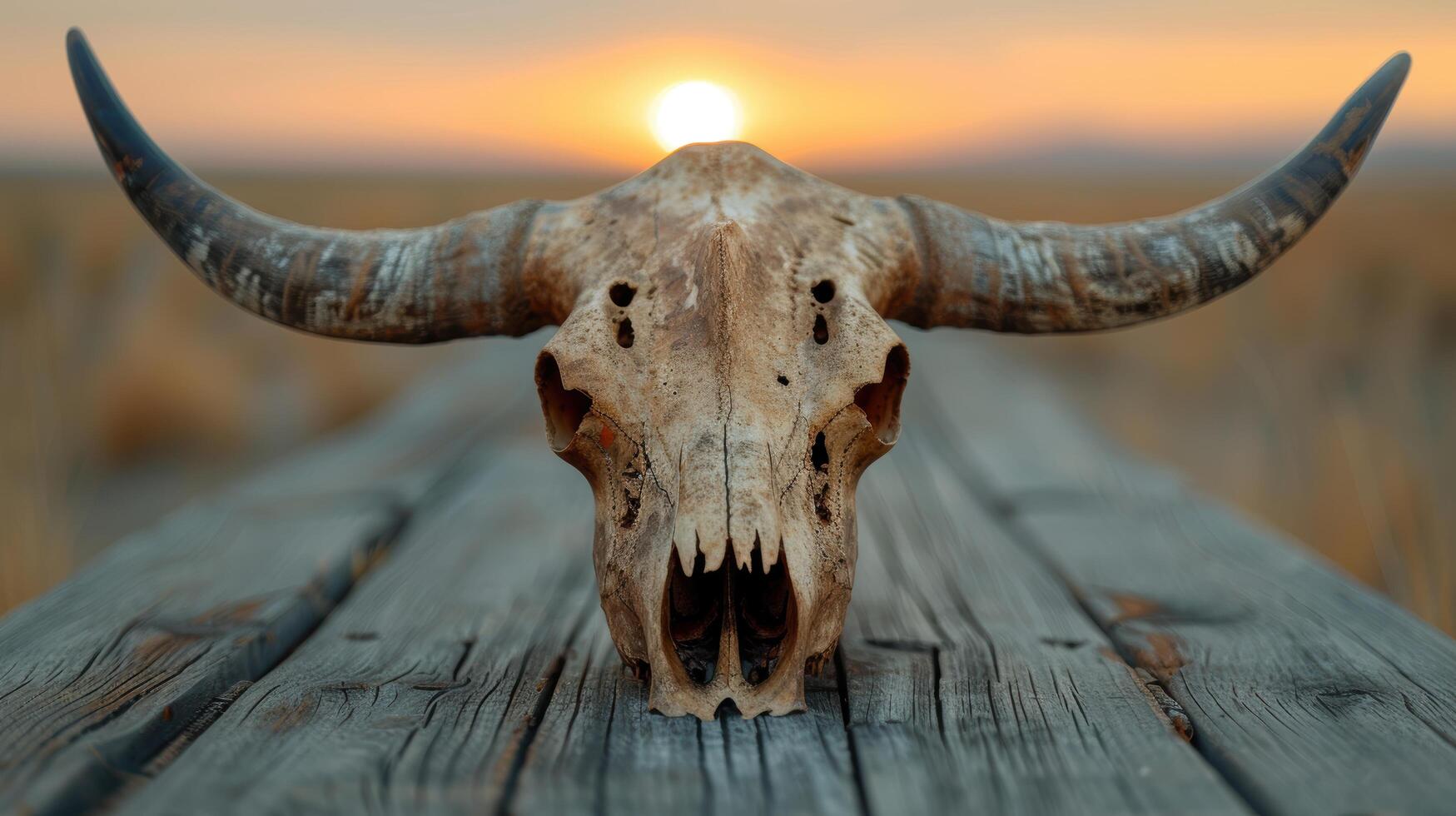 Skull of a horned animal against a sunset landscape photo