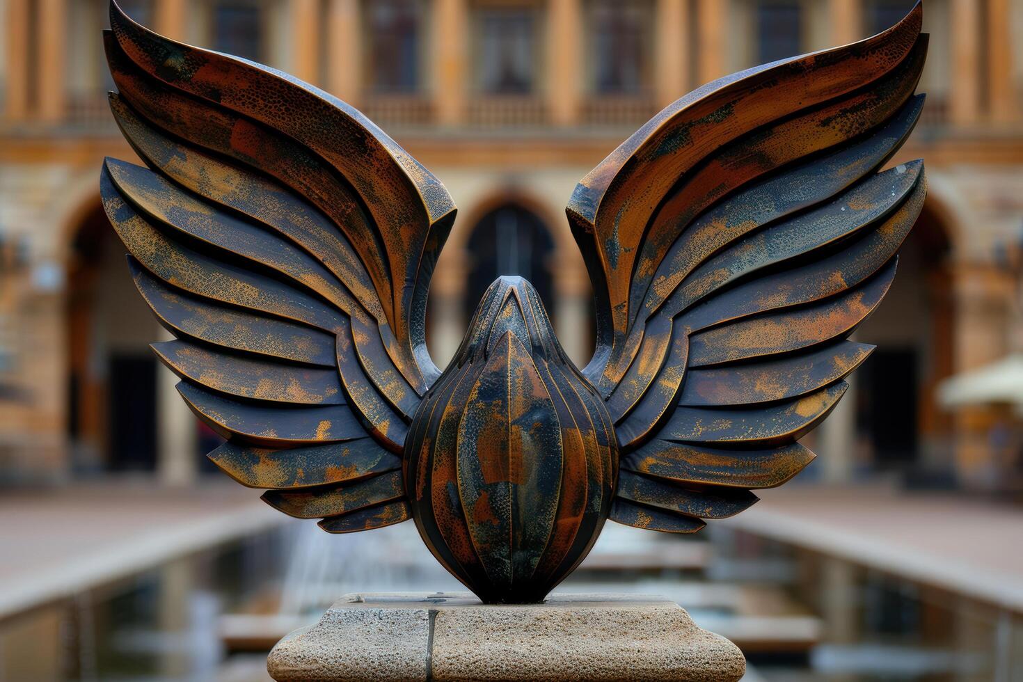 Rustic metal sculpture of a winged creature photo