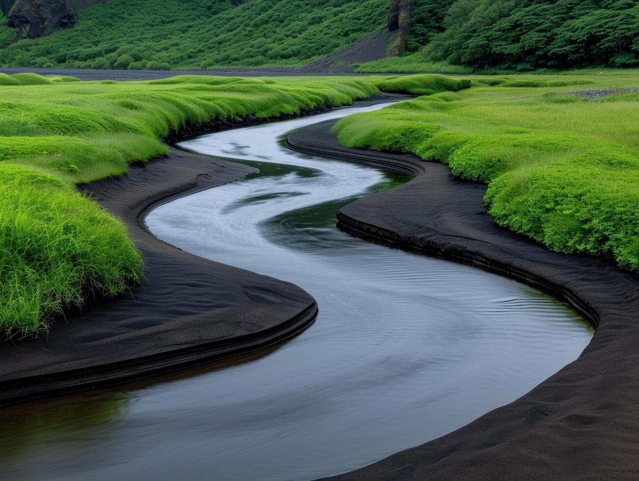 Winding river through lush green meadow photo