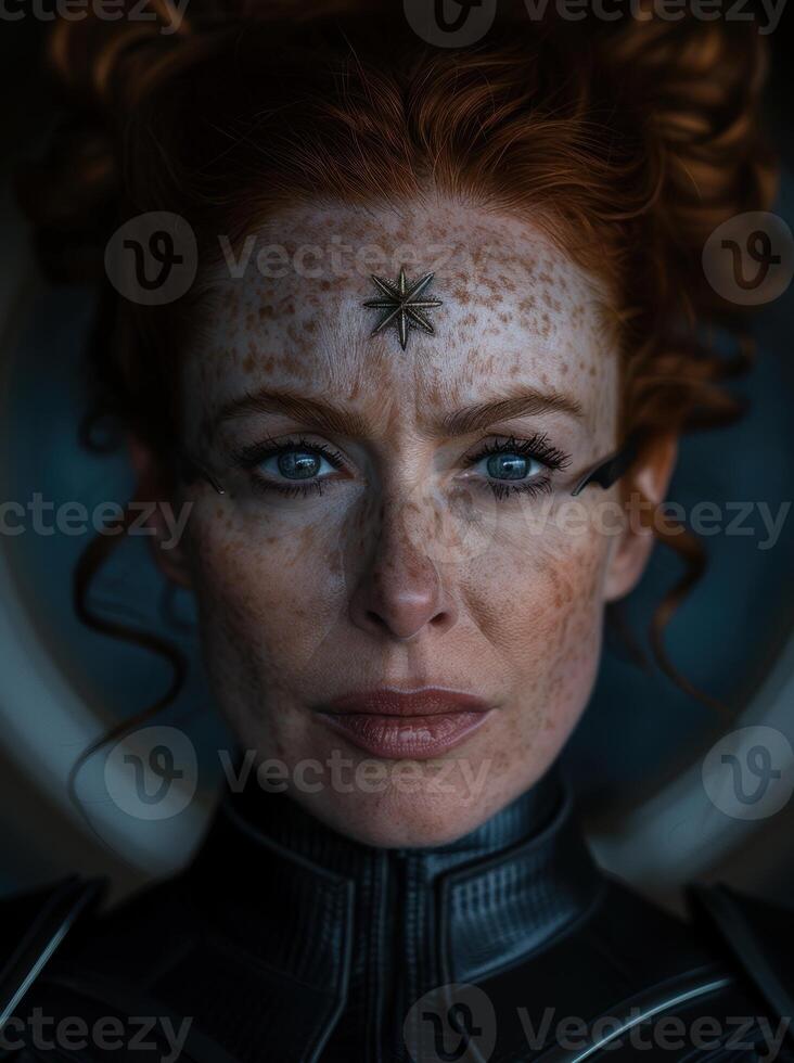 Mysterious woman with star tattoo on forehead photo