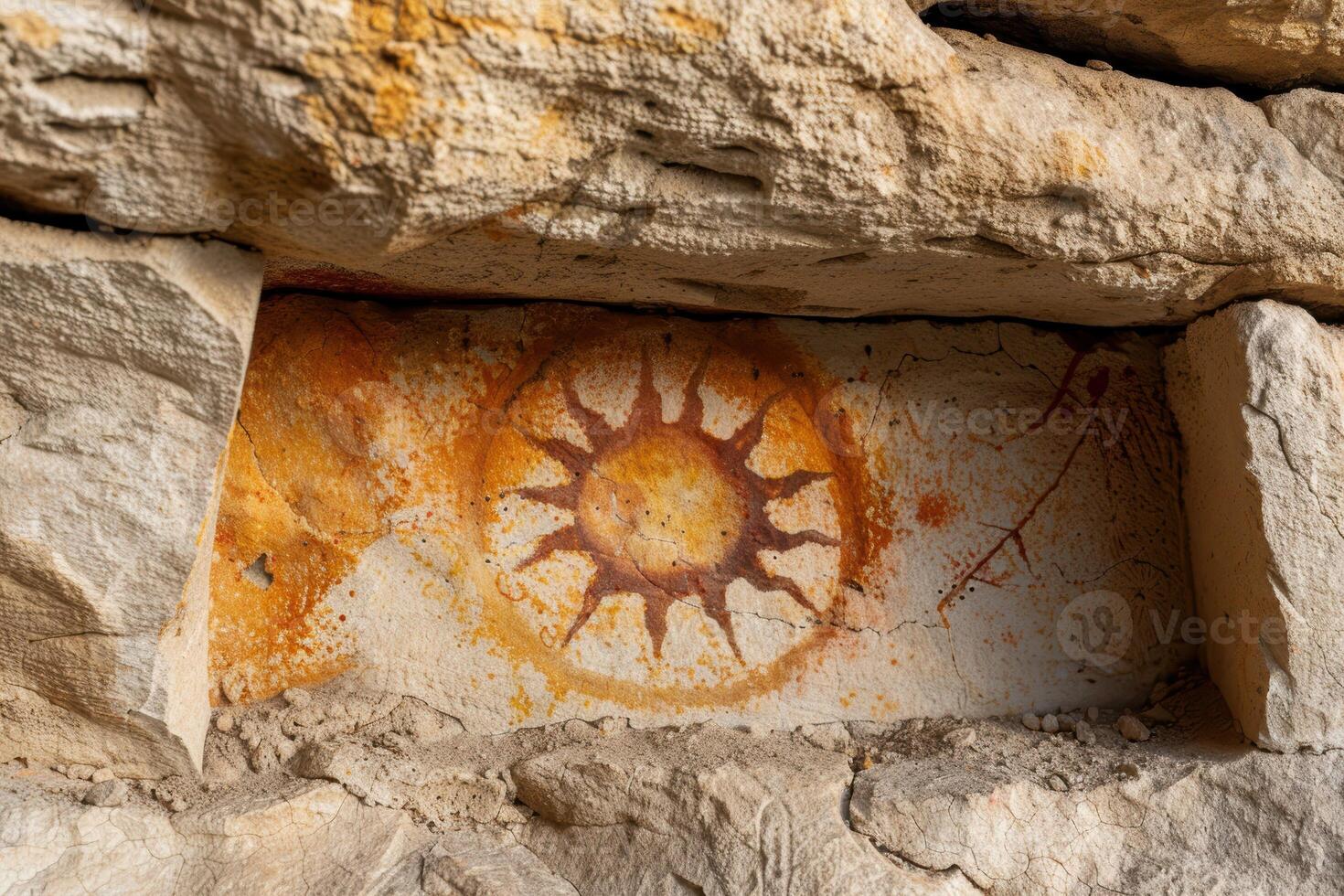 Ancient sun symbol carved into rock wall photo