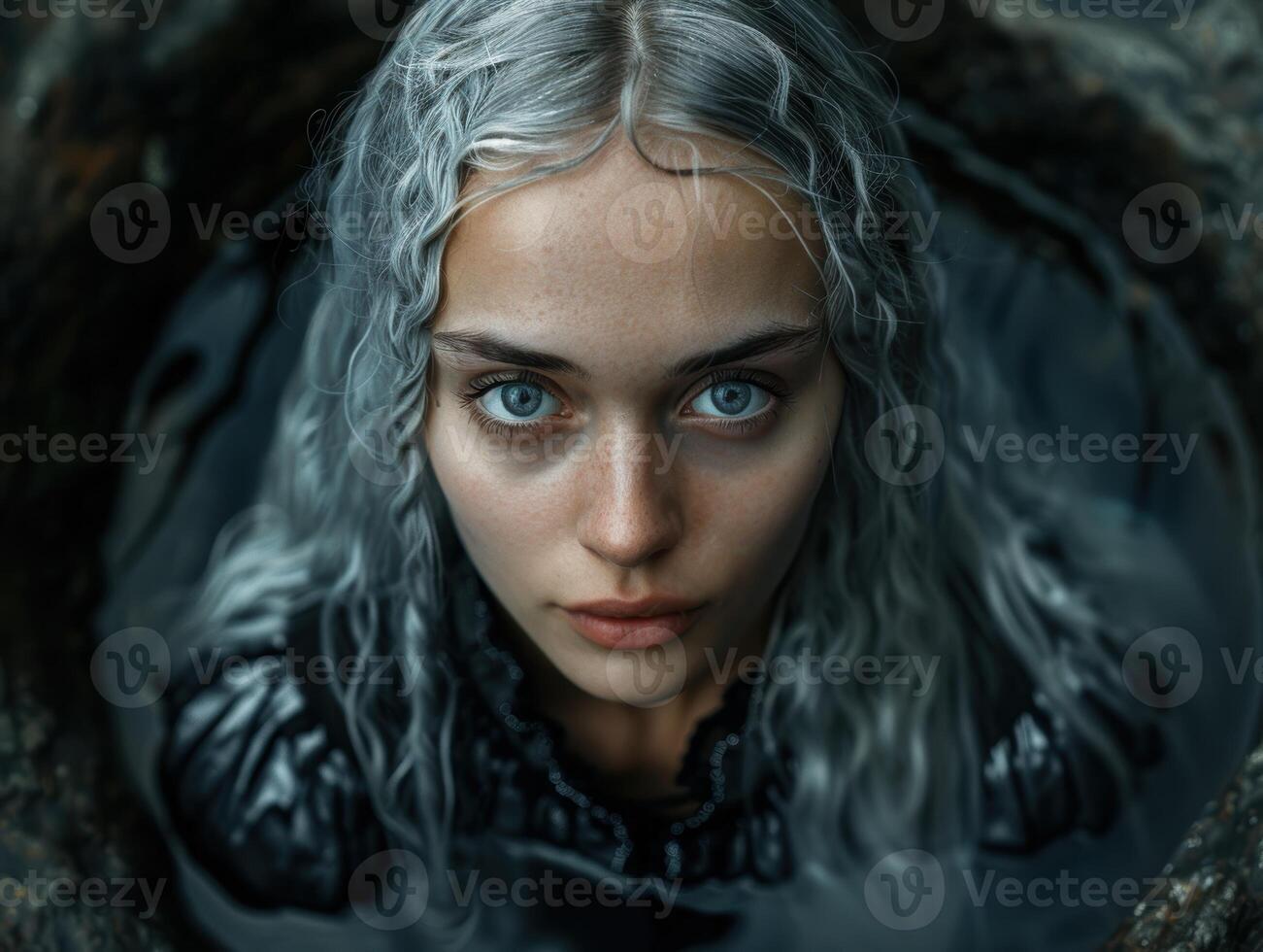 Mysterious woman with striking silver hair and piercing blue eyes photo