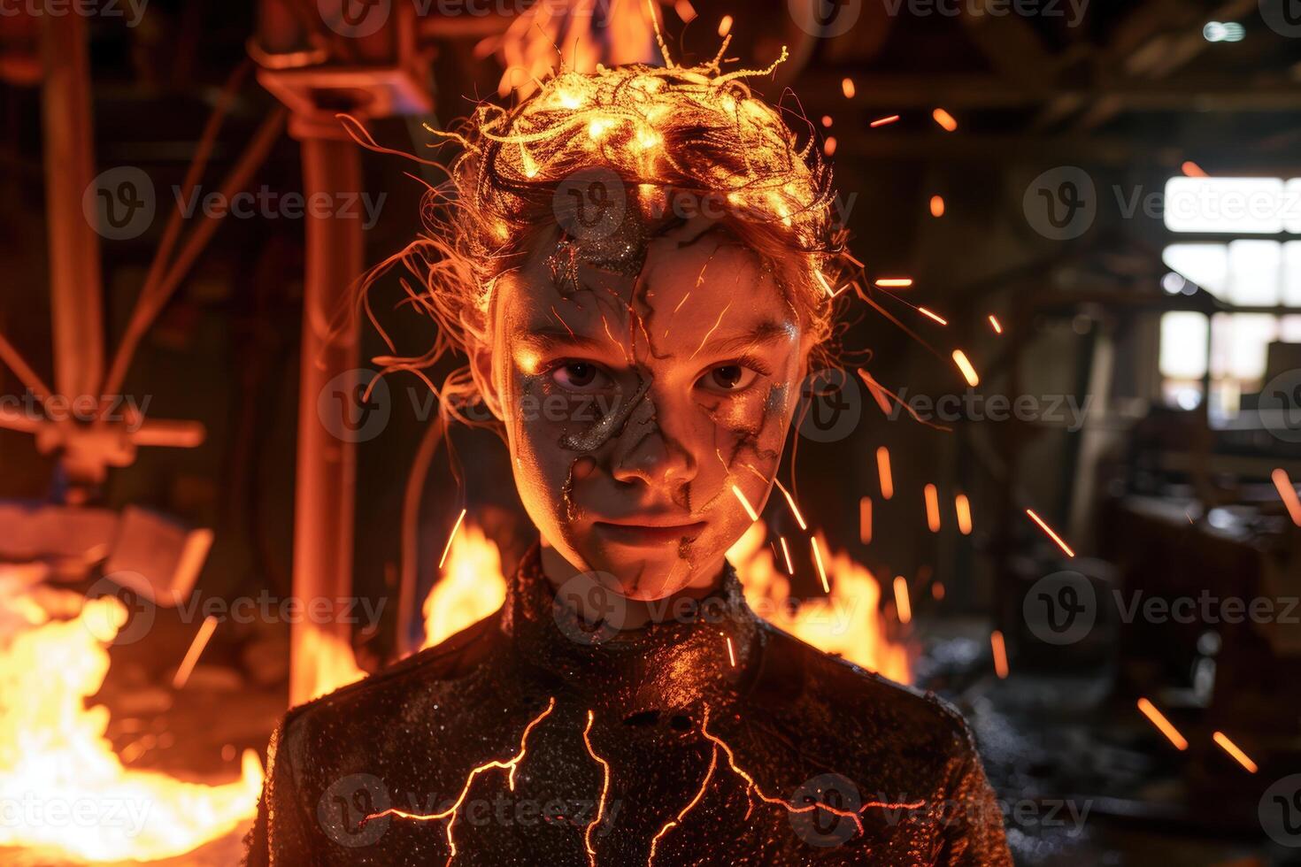 fiery portrait of a person with a crown of flames photo