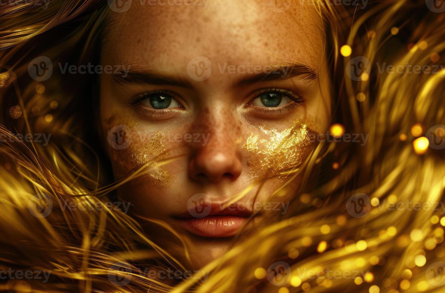 Mysterious woman with golden hair and glitter photo