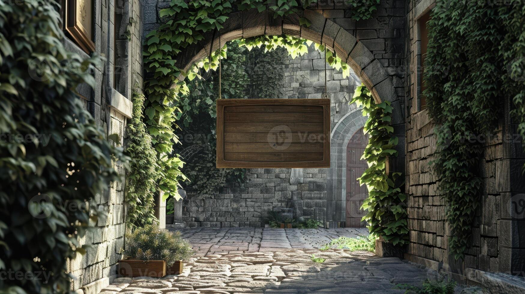 Enchanting stone archway with hanging vines photo