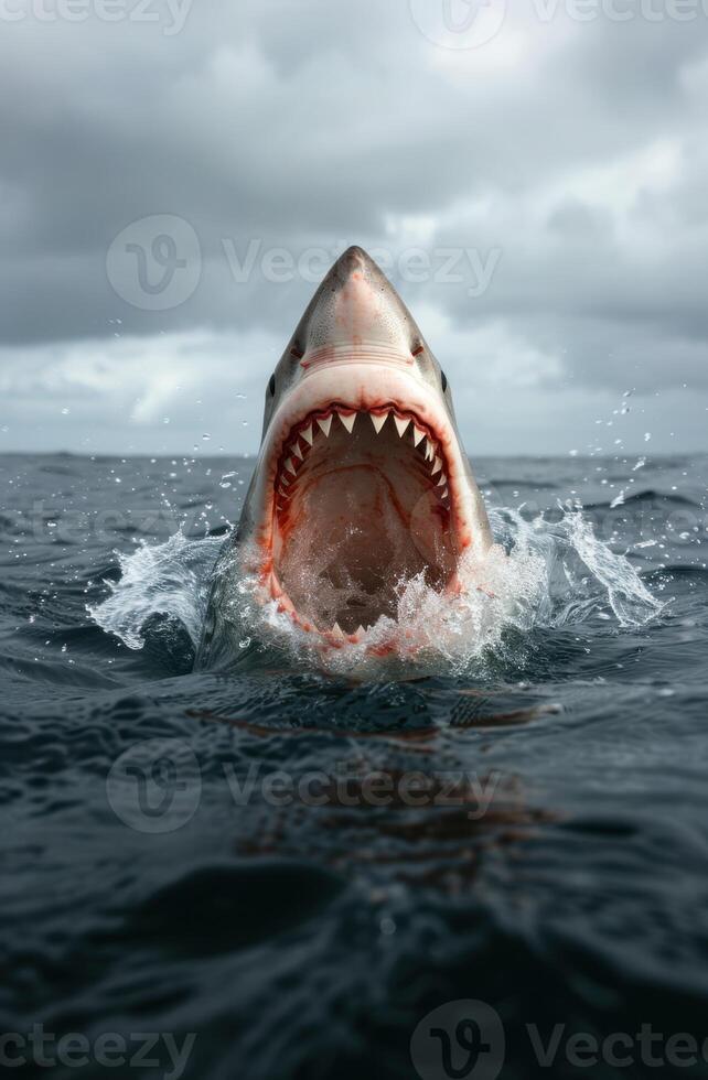 Ferocious great white shark breaching the water with open jaws photo