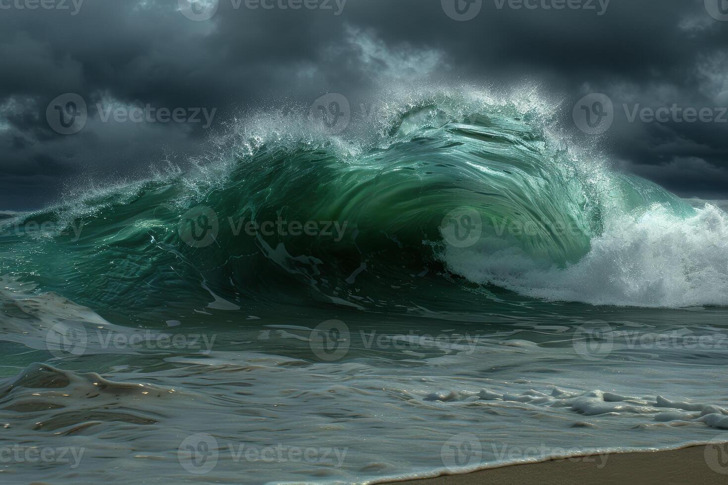 Powerful ocean wave crashing on the shore photo