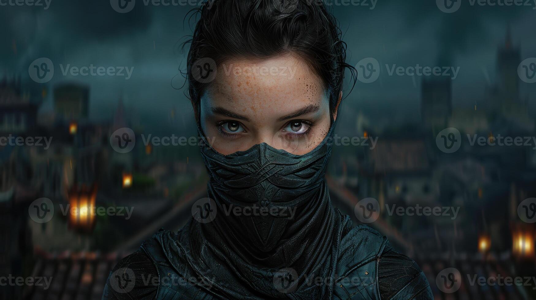mysterious masked figure in urban setting photo