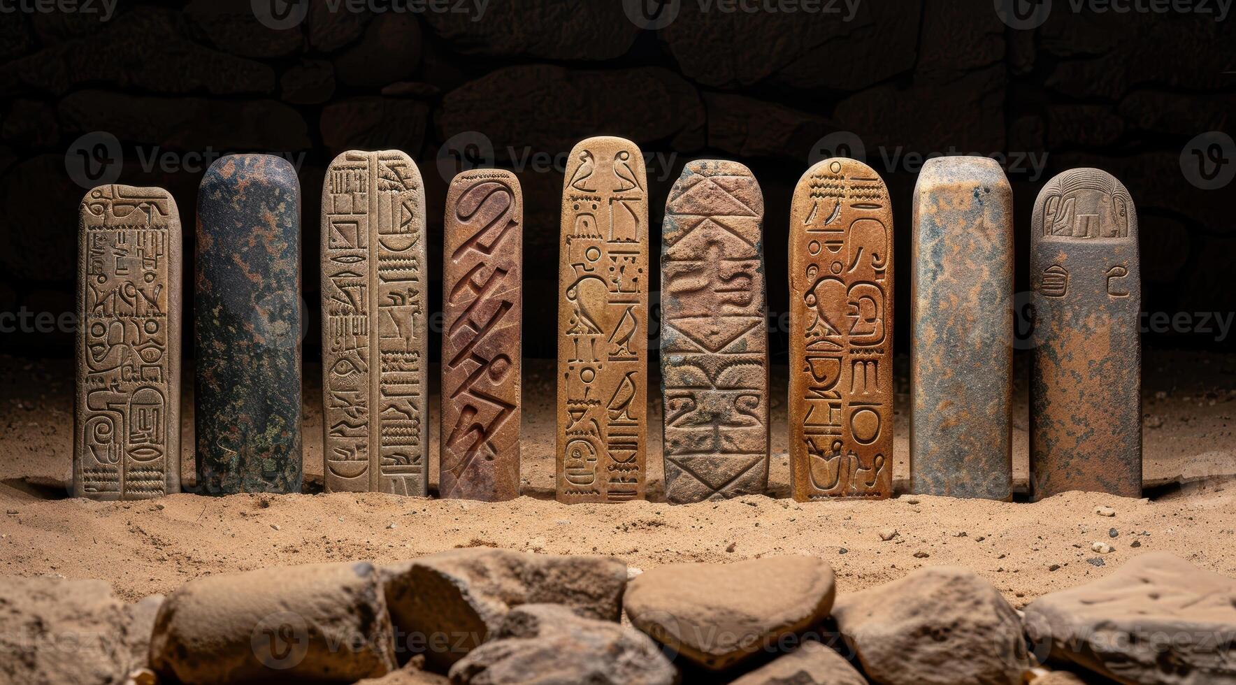 ancient egyptian hieroglyphic tablets in a dark setting photo