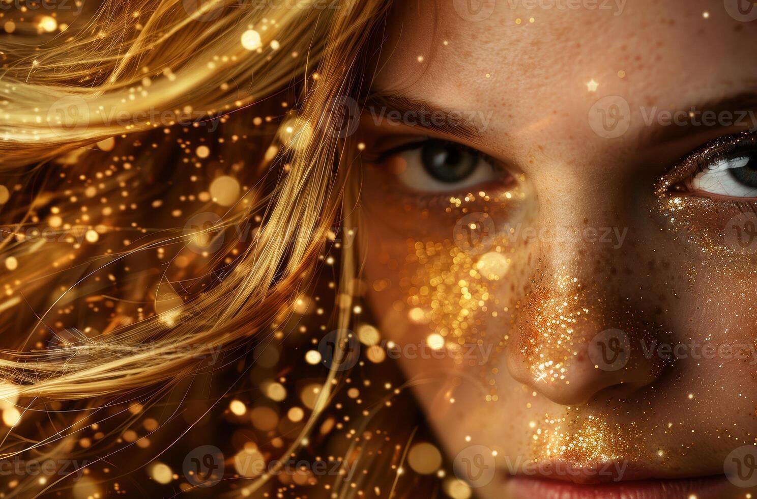 Sparkling golden makeup and hair photo