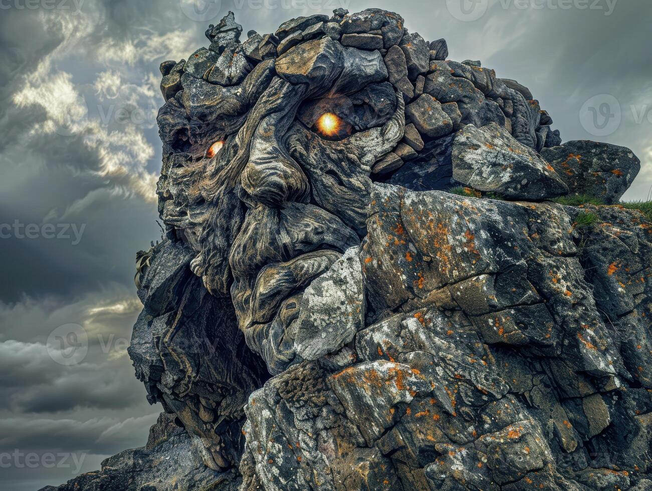 Powerful stone creature with glowing eyes in a dramatic landscape photo