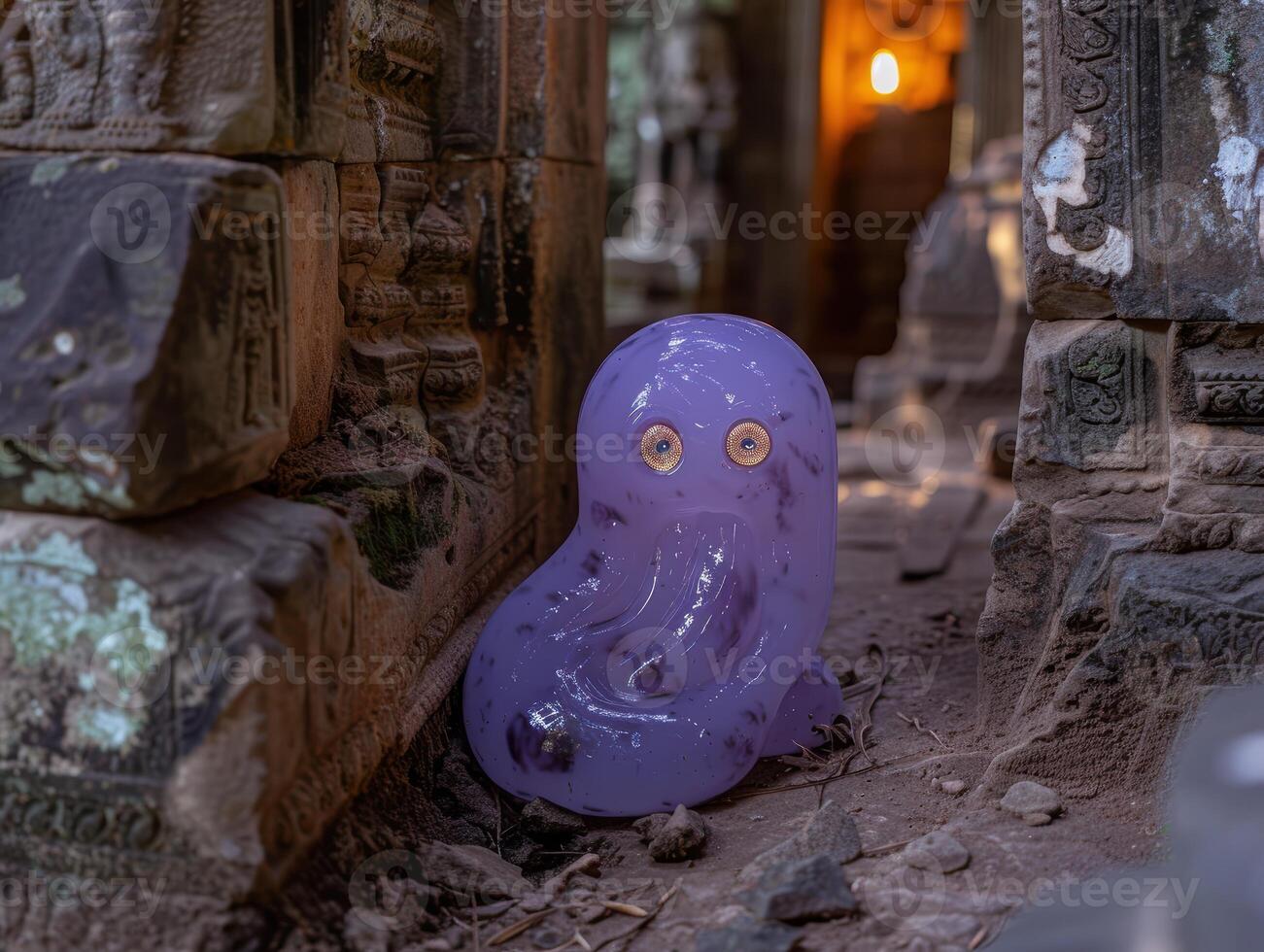 Whimsical purple creature in ancient ruins photo