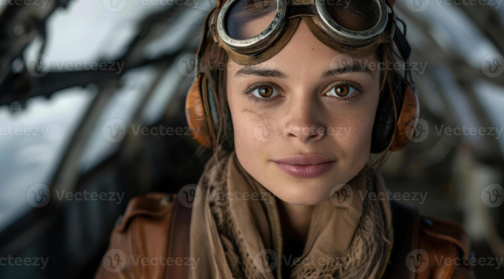 Determined female pilot in vintage aviator goggles photo