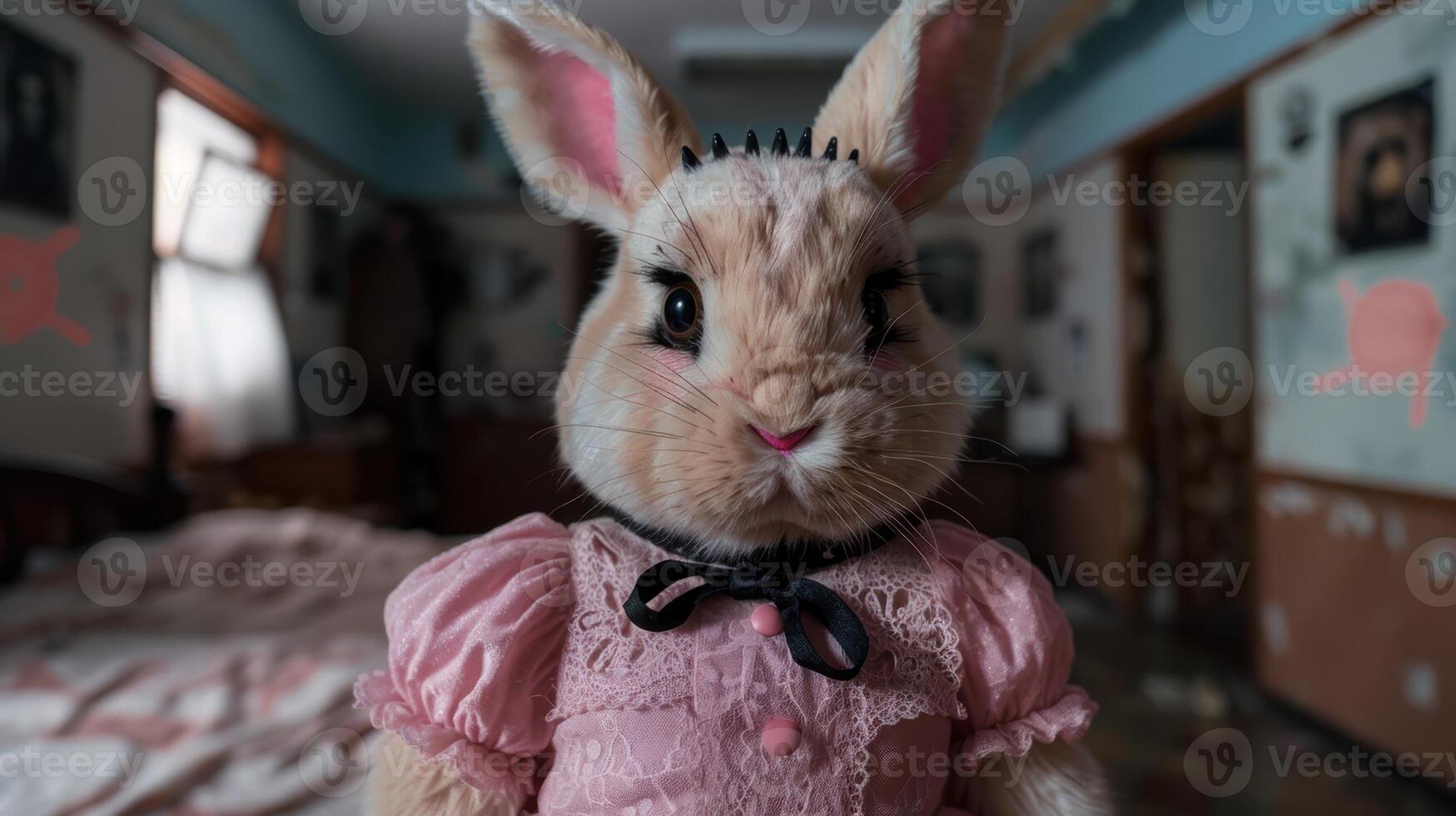 Adorable bunny wearing a pink lace dress photo